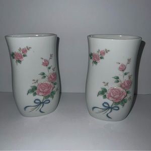 Vintage Japan Mini Vase Roses 3D Set Of 2 Tall 6”